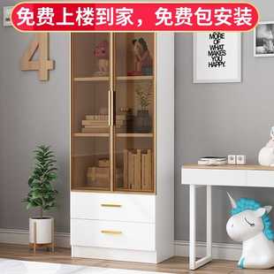5V简易书架落地客厅带玻璃门书柜组合储物柜置物架实木收纳儿童学