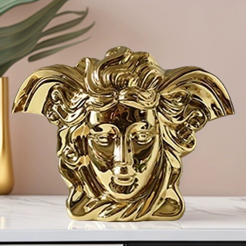 现代轻奢金色电镀陶瓷美杜莎花瓶摆件北欧玄关客厅花器艺术装饰品