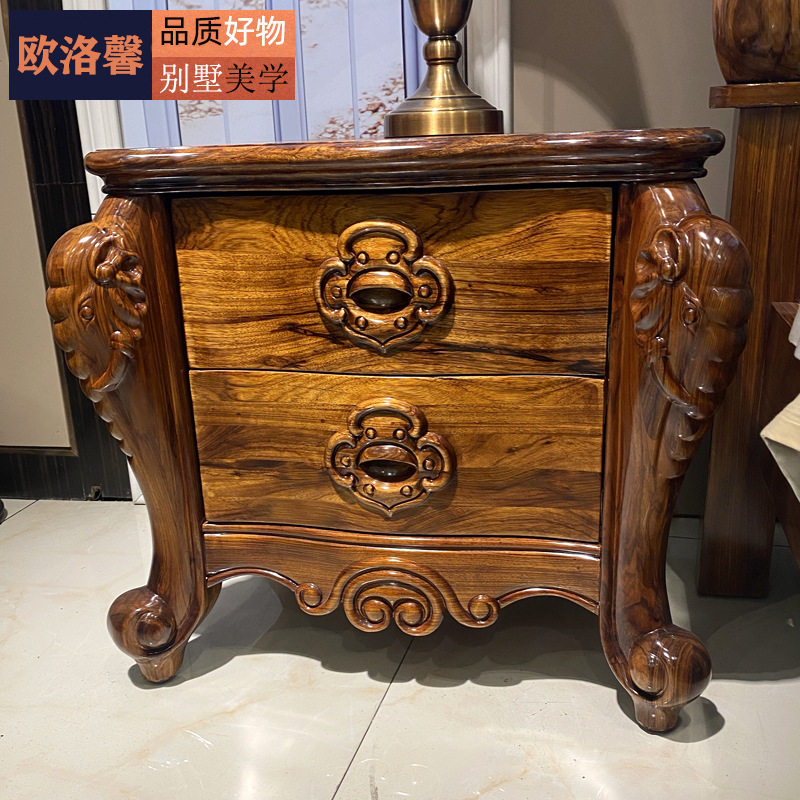 乌金木实木雕刻大象双抽屉床头柜