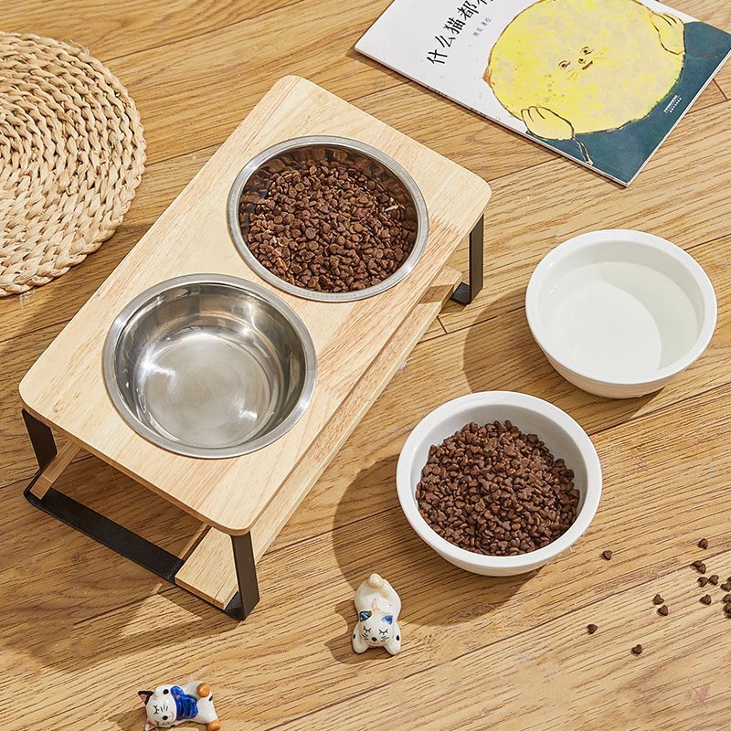天然竹木/松木陶瓷猫碗牢固猫狗通用猫饭盆简易大口径宠物碗饭桌
