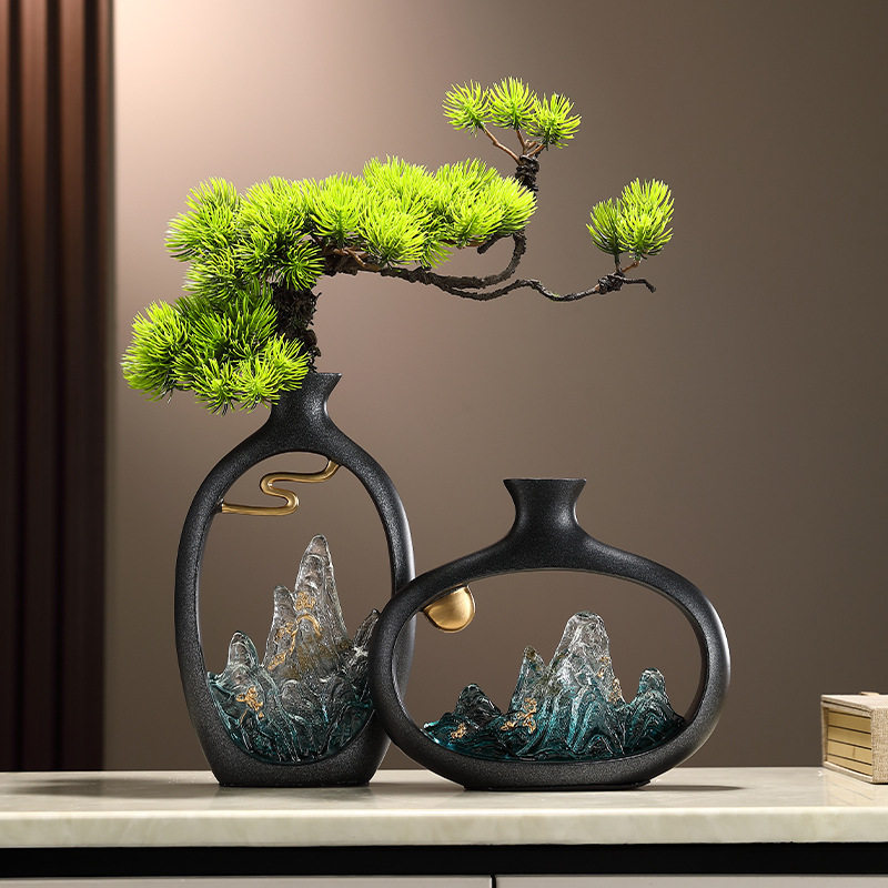 新中式水墨江山花瓶摆件办公室酒柜博古架带迎客松乔迁礼电视柜