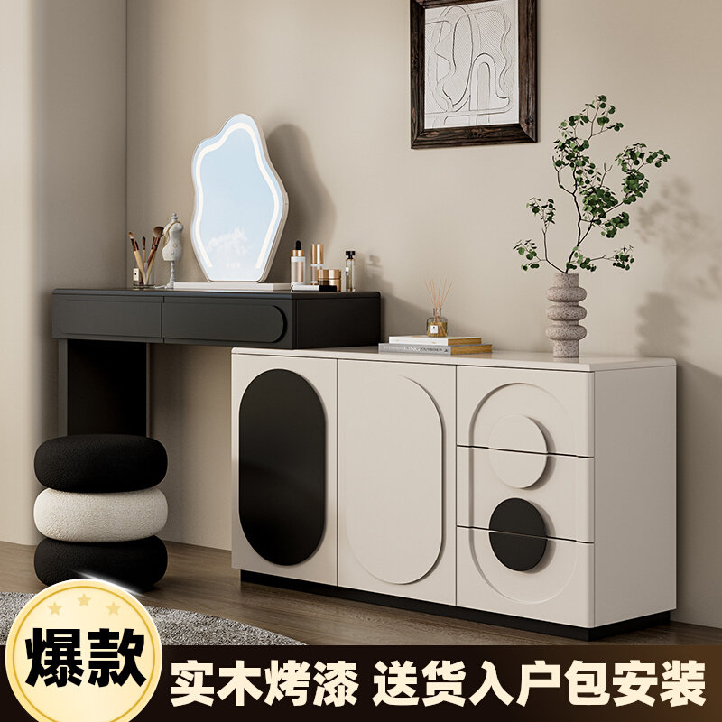 实木烤漆奶油风伸缩梳妆台斗柜