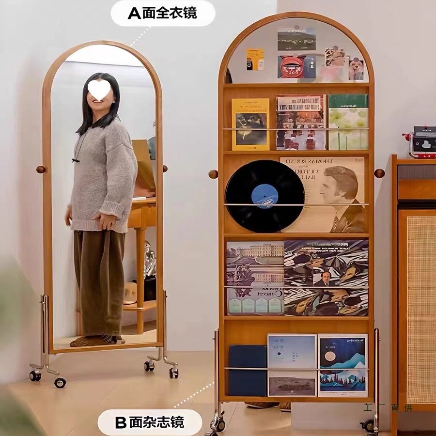 中古风实木旋转移动落地全身镜
