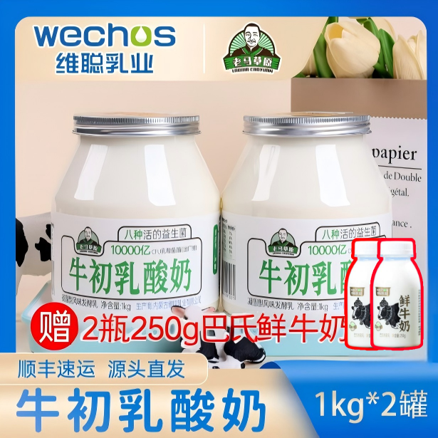【活动专属】老马草原内蒙风味牛初乳酸奶1kg*2桶送两瓶巴氏鲜奶