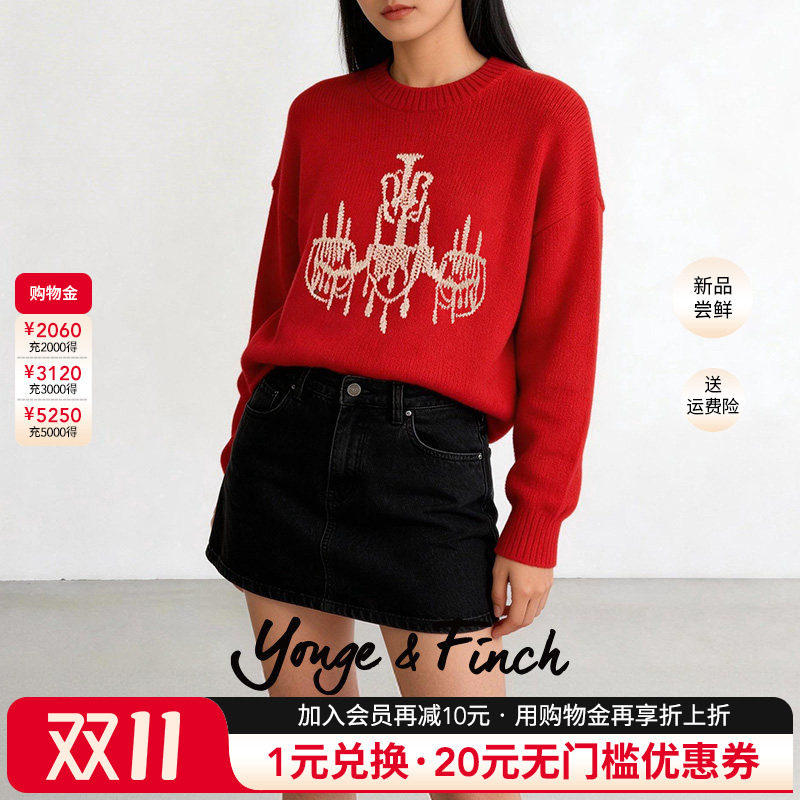 YongeFinch扬芬缇2026春冬新款红色圆领宽松针织衫女毛衣REILLYY
