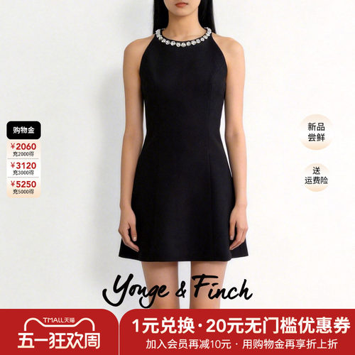 Yonge&Finch/扬芬缇夏季新款黑色圆领无袖收腰时尚女连衣裙PITTSY