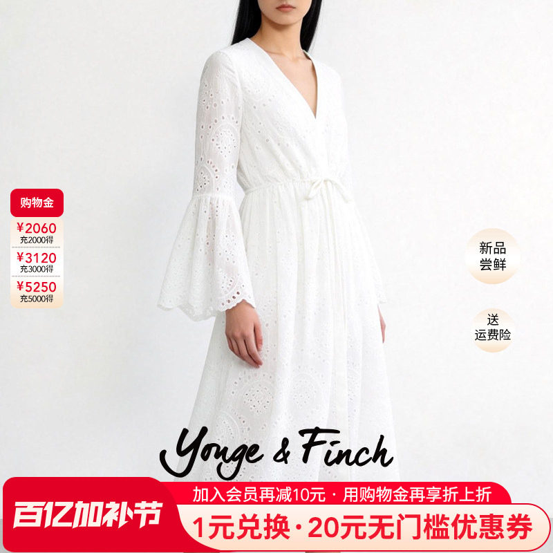 Yonge&Finch/扬芬缇重工珠片刺绣收腰V领白色连衣裙女 OLEANDERY