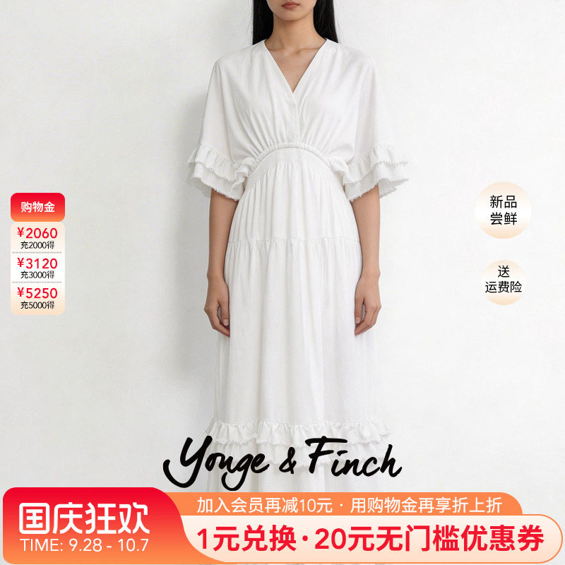 Yonge&Finch/扬芬缇重工设计感V领短袖白色连衣裙女夏季 JUDITY