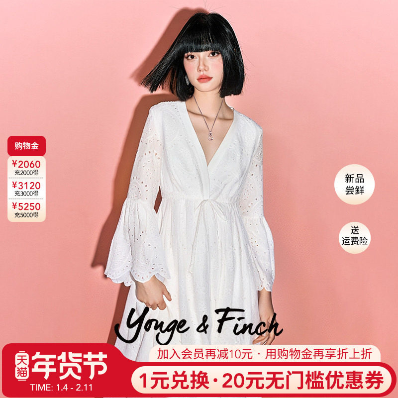 Yonge&Finch/扬芬缇重工珠片刺绣收腰V领白色连衣裙女 OLEANDERY