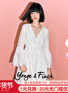Yonge&Finch/扬芬缇重工珠片刺绣收腰V领白色连衣裙女 OLEANDERY