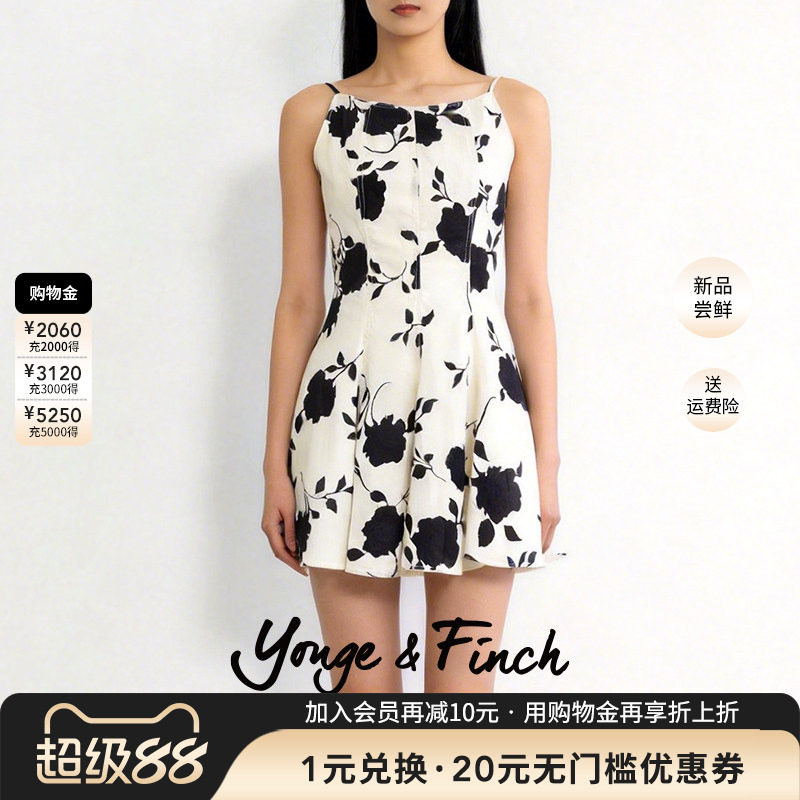 YongeFinch扬芬缇2026春季黑白花卉印花露背系带连衣裙CECILIAY