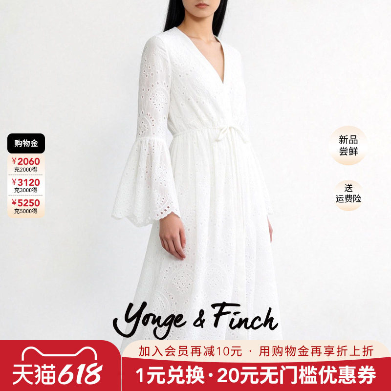 Yonge&Finch/扬芬缇重工珠片刺绣收腰V领白色连衣裙女 OLEANDERY