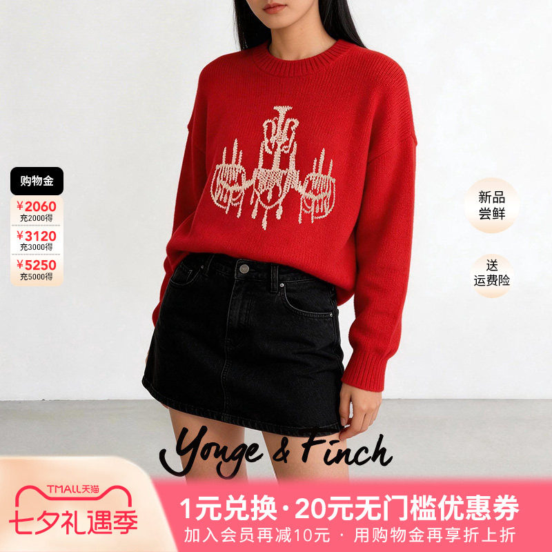 YongeFinch扬芬缇2026春冬新款红色圆领宽松针织衫女毛衣REILLYY