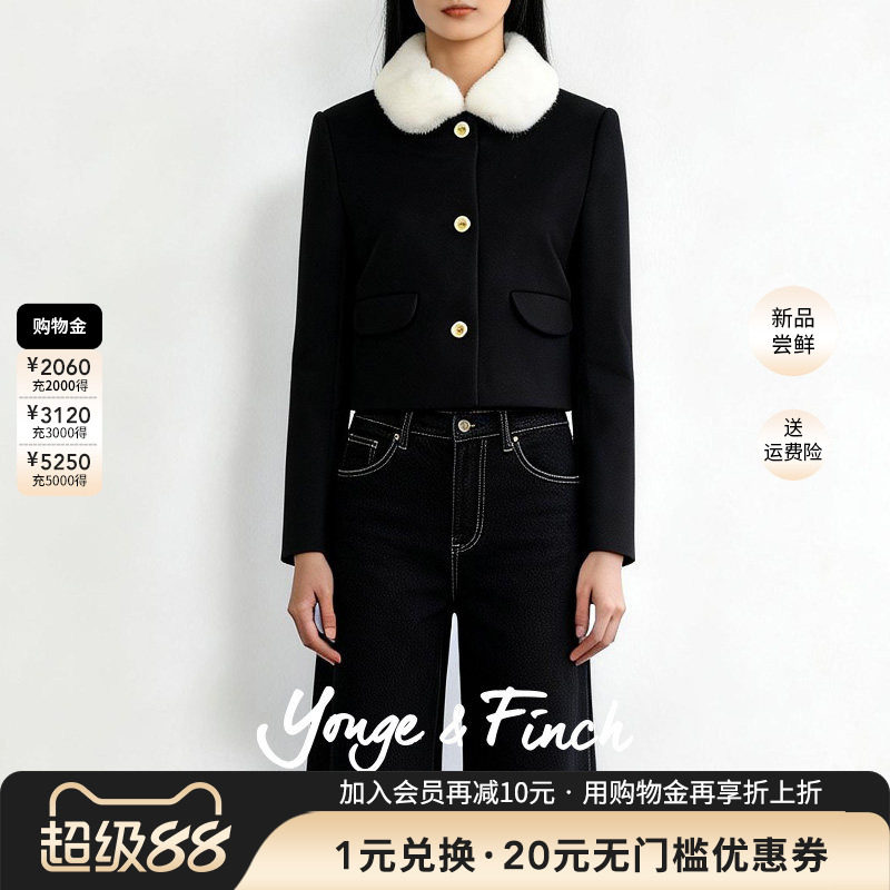 YongeFinch扬芬缇2026春季新款小香风黑色短款毛呢外套女KELEY