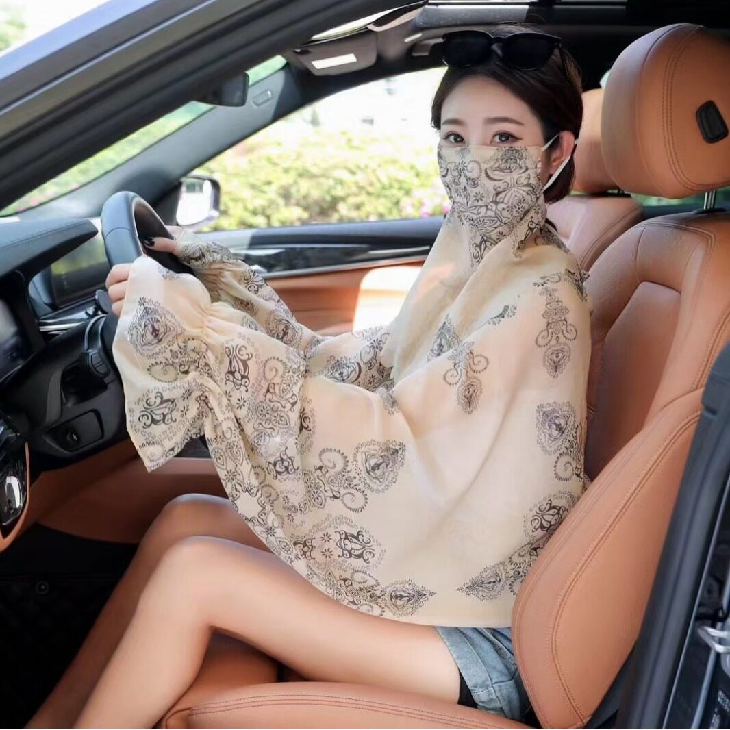 防晒披肩女薄款开车长袖雪纺丝巾面纱护颈夏季冰丝袖套一体防晒衣