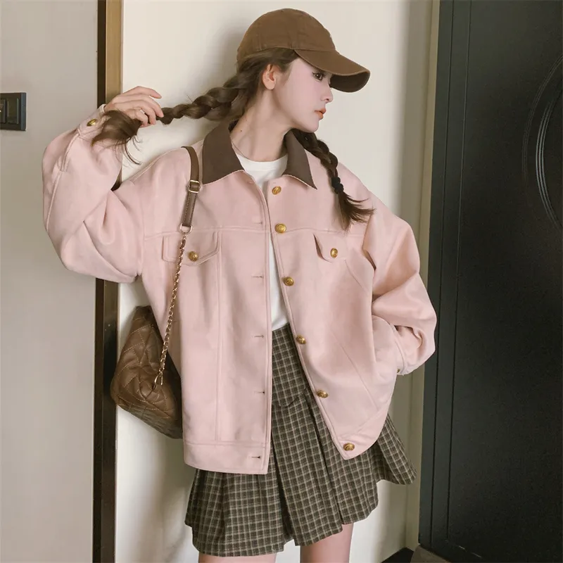 粉色麂皮绒工装外套长袖上衣女秋单穿甜美小个子学院风休闲夹克