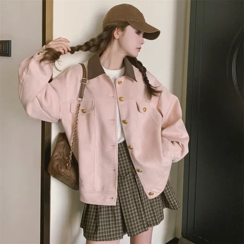粉色麂皮绒工装外套长袖上衣女秋单穿甜美小个子学院风休闲夹克
