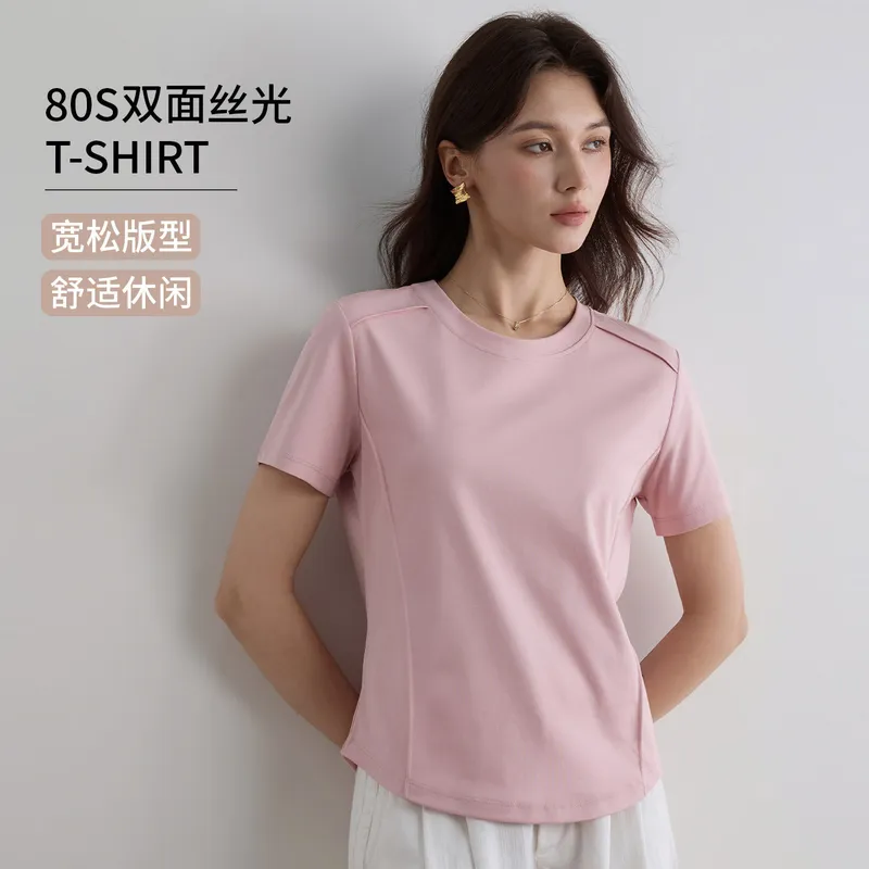 设计感鱼骨线丝光棉t恤短袖女气质巨好看圆领匹马棉女装夏高级感