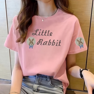 短袖t恤女2026新款夏季正肩100%纯棉设计圆领印花上衣胖MM加大码