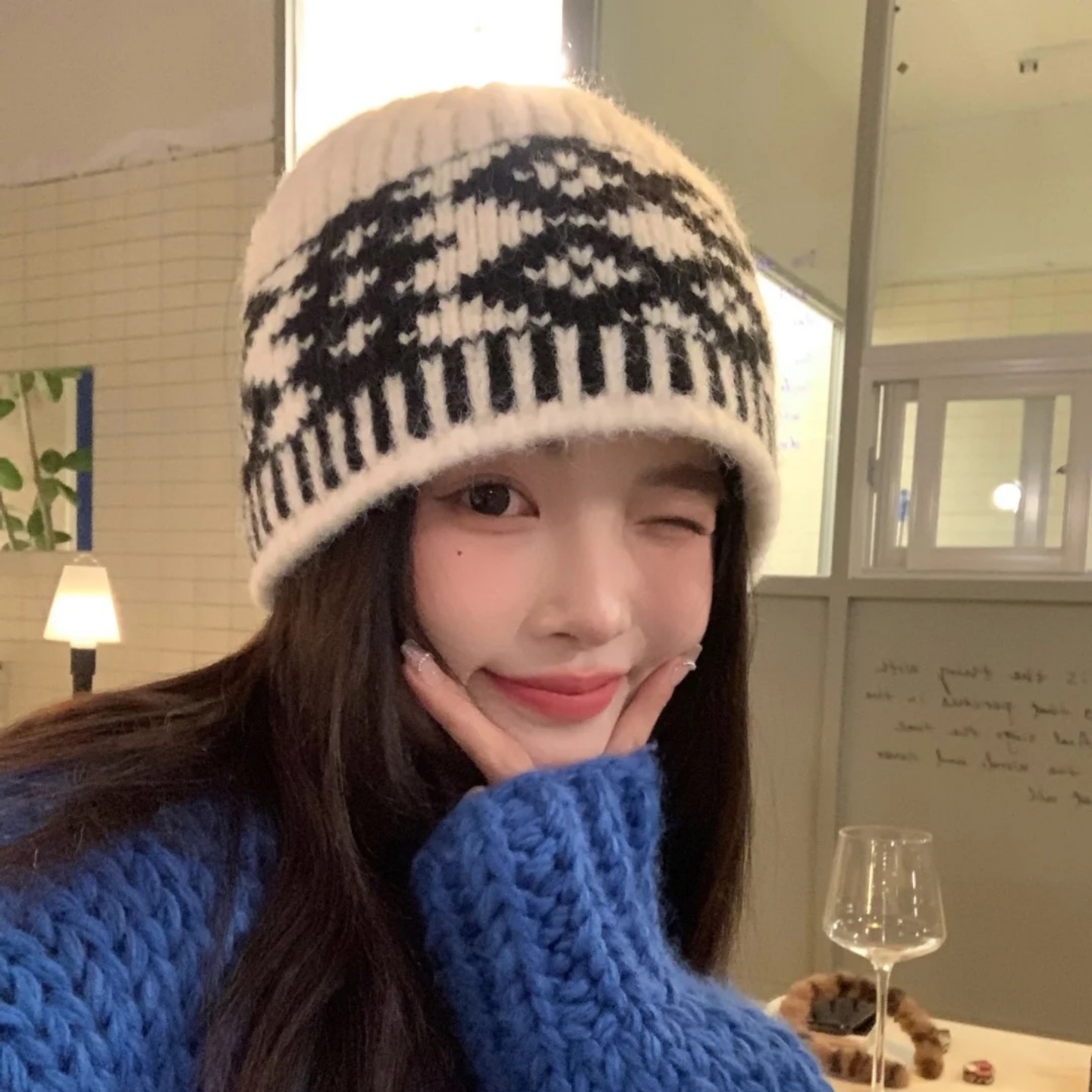 复古毛线菱形格针织包头帽女冬季设计感显脸小2025新款保暖冷帽子