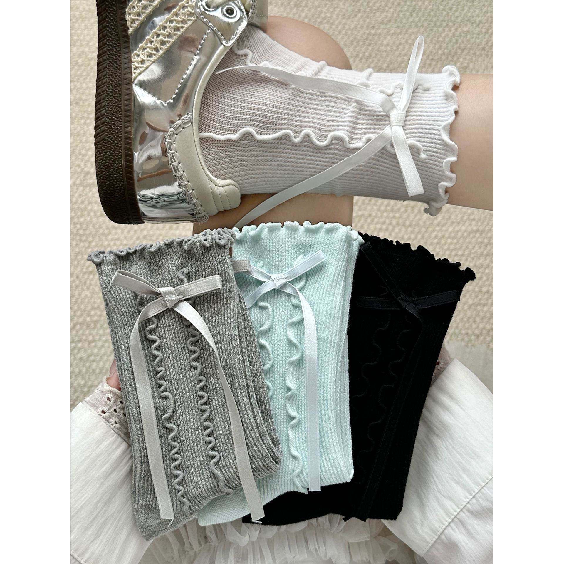 蝴蝶结花边白色袜子女芭蕾风春秋款日系长筒袜中筒袜搭配JK小皮鞋