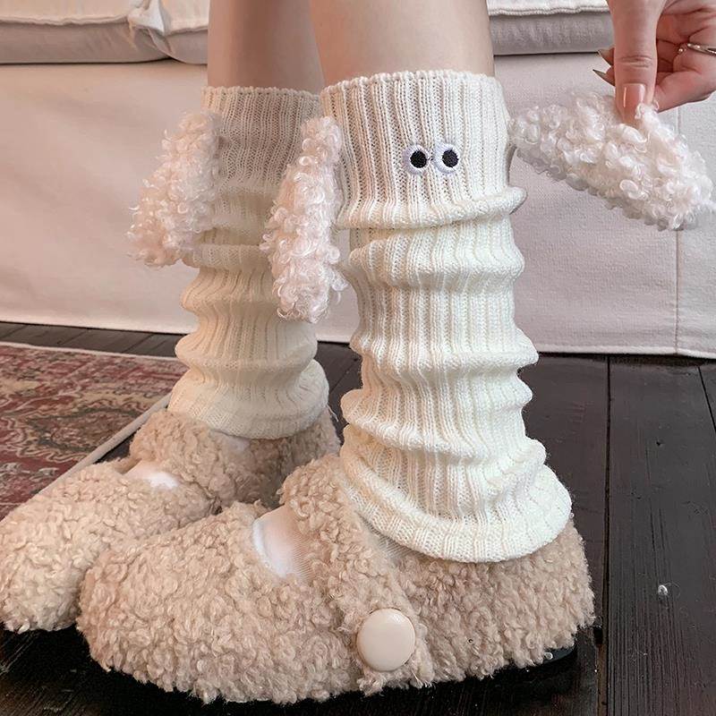 白色堆堆袜套女秋冬可爱大耳小狗长筒袜显瘦保暖腿套日系JK小腿袜