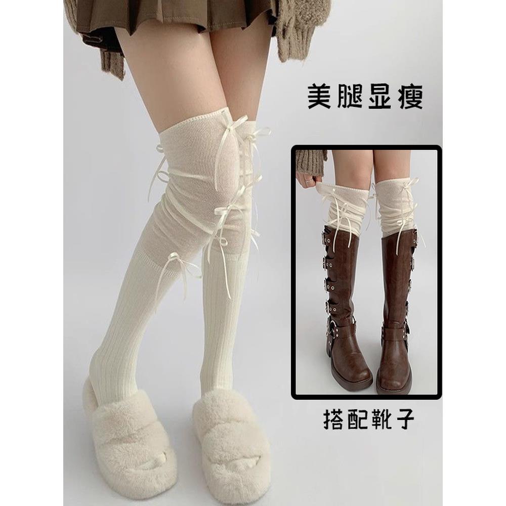 白色堆堆袜女春秋美拉德jk过膝袜女花边蝴蝶结大腿长筒袜配长靴子