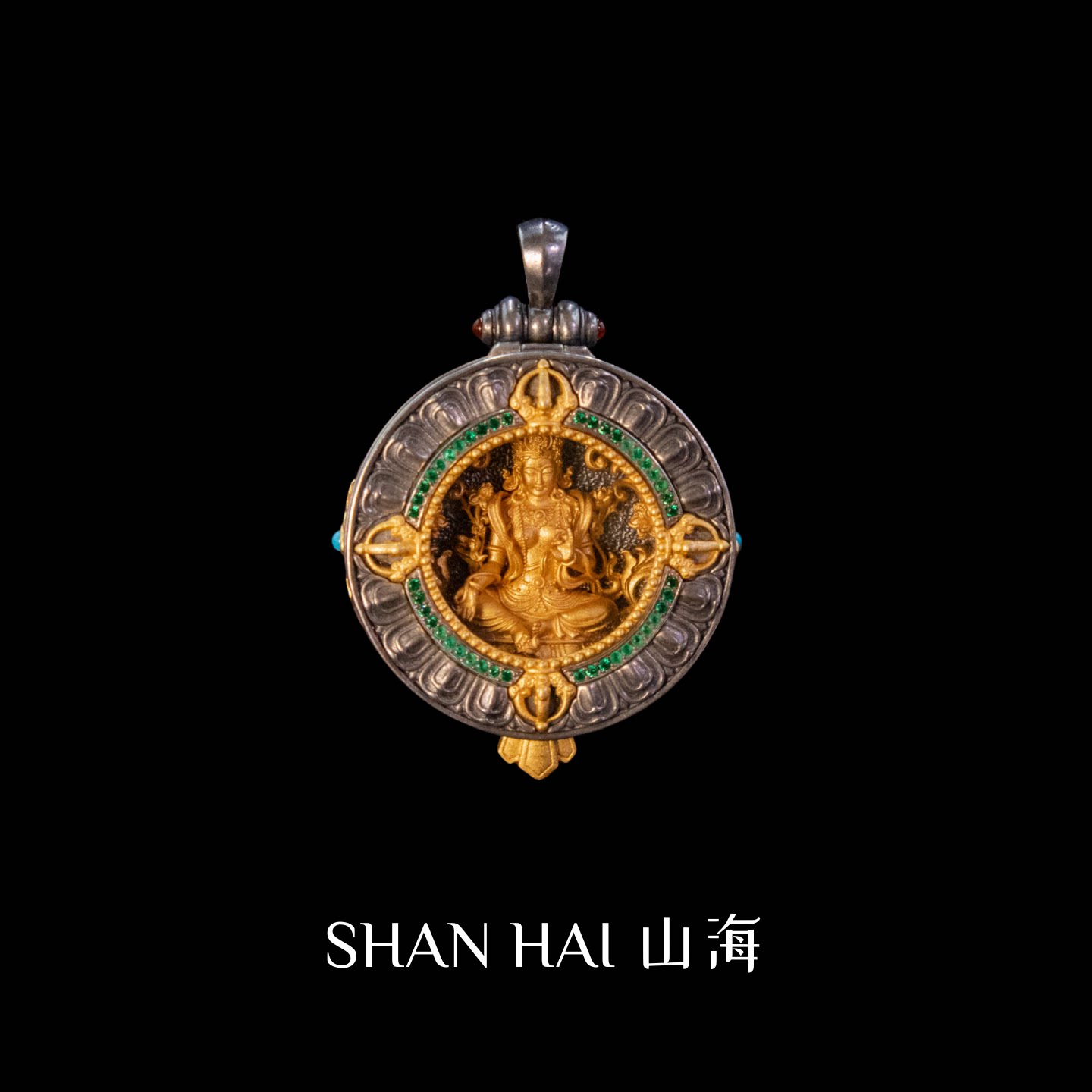 原创设计手工纯银饰复古做旧绿度母金刚杵嘎乌盒守护吊坠男女礼物