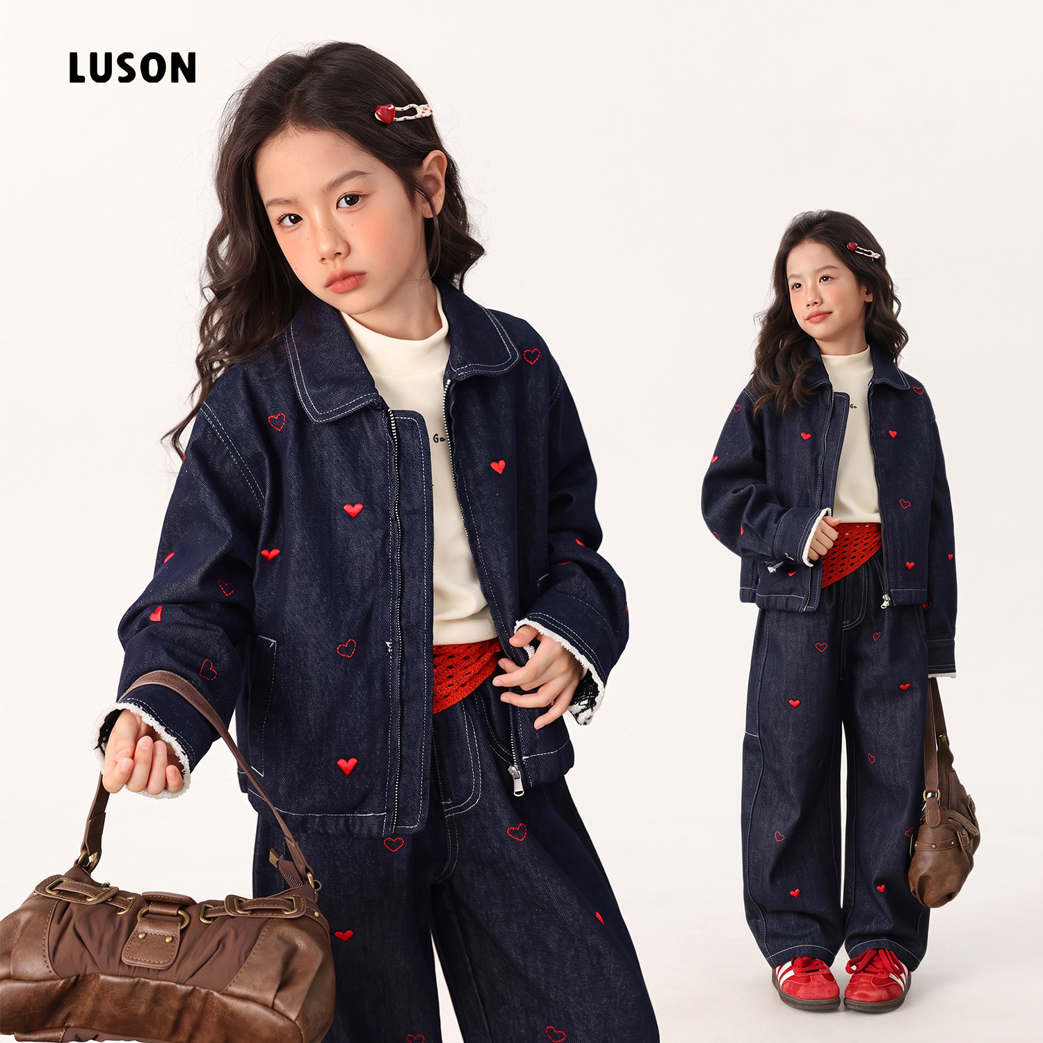 LUSON童装女童牛仔套装秋季新款好看爱心刺绣儿童薄款外套马甲