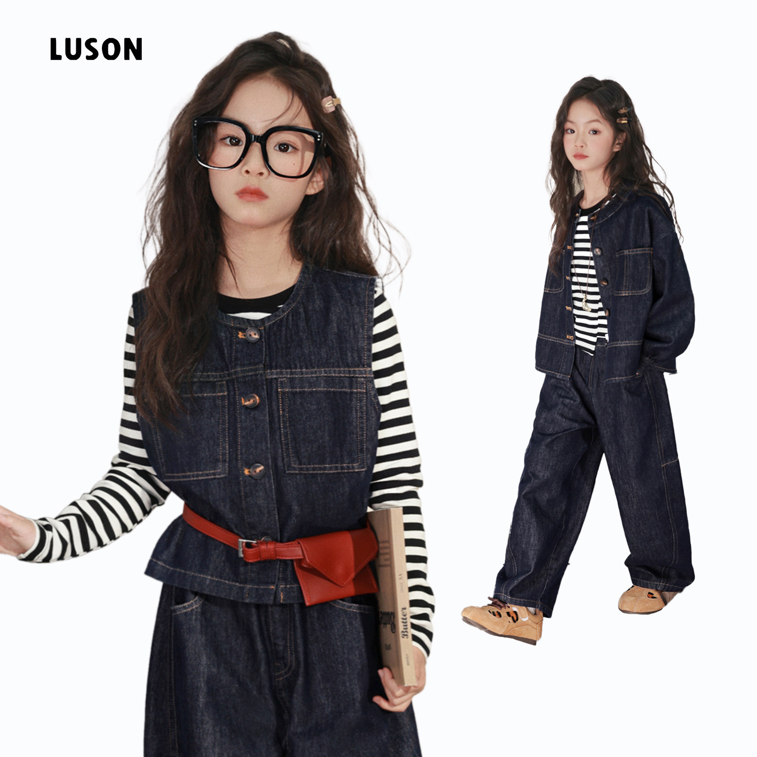 LUSON女童牛仔套装防褪色秋季图片