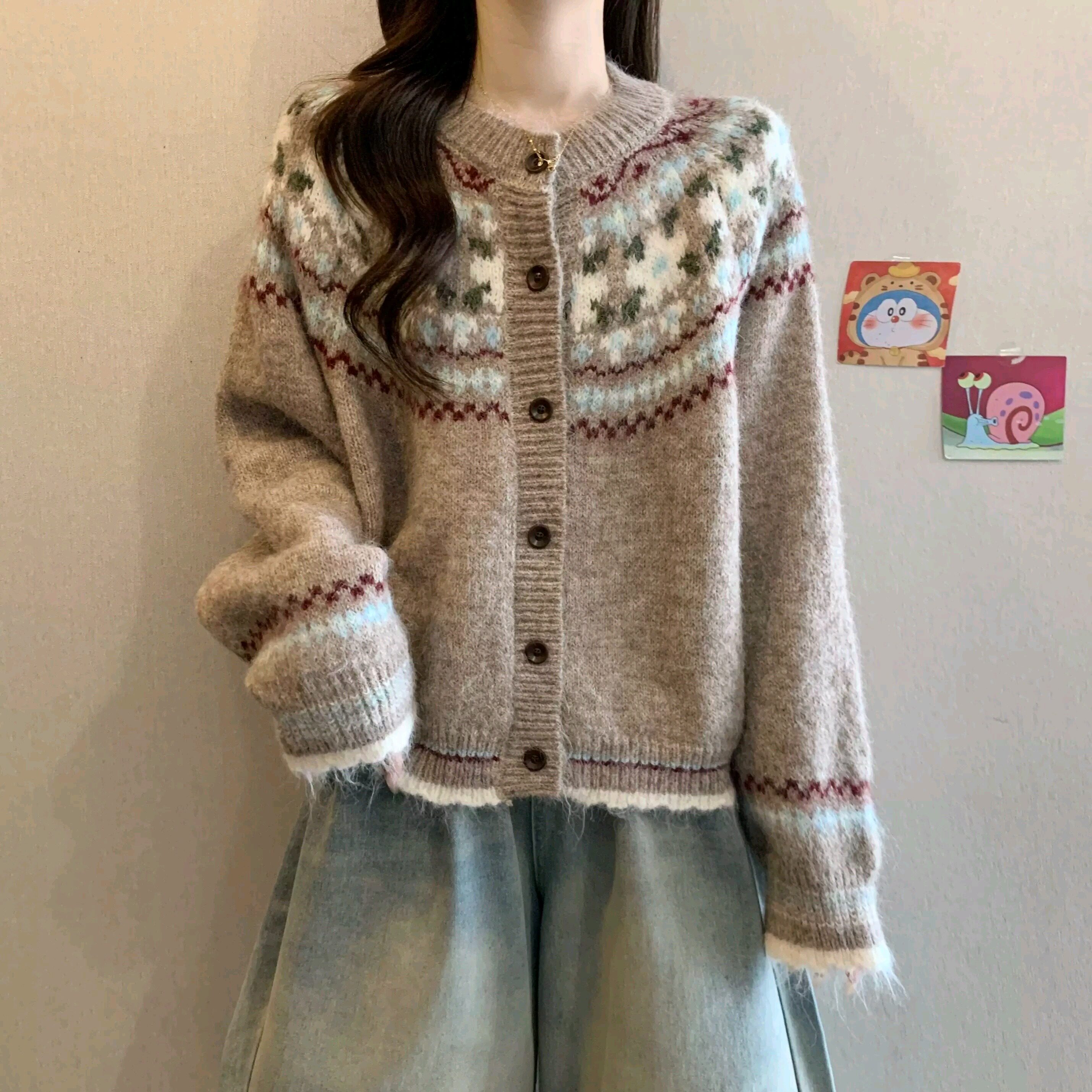 韩系复古提花针织开衫外套女2026秋冬大码微胖MM慵懒风毛衣上衣