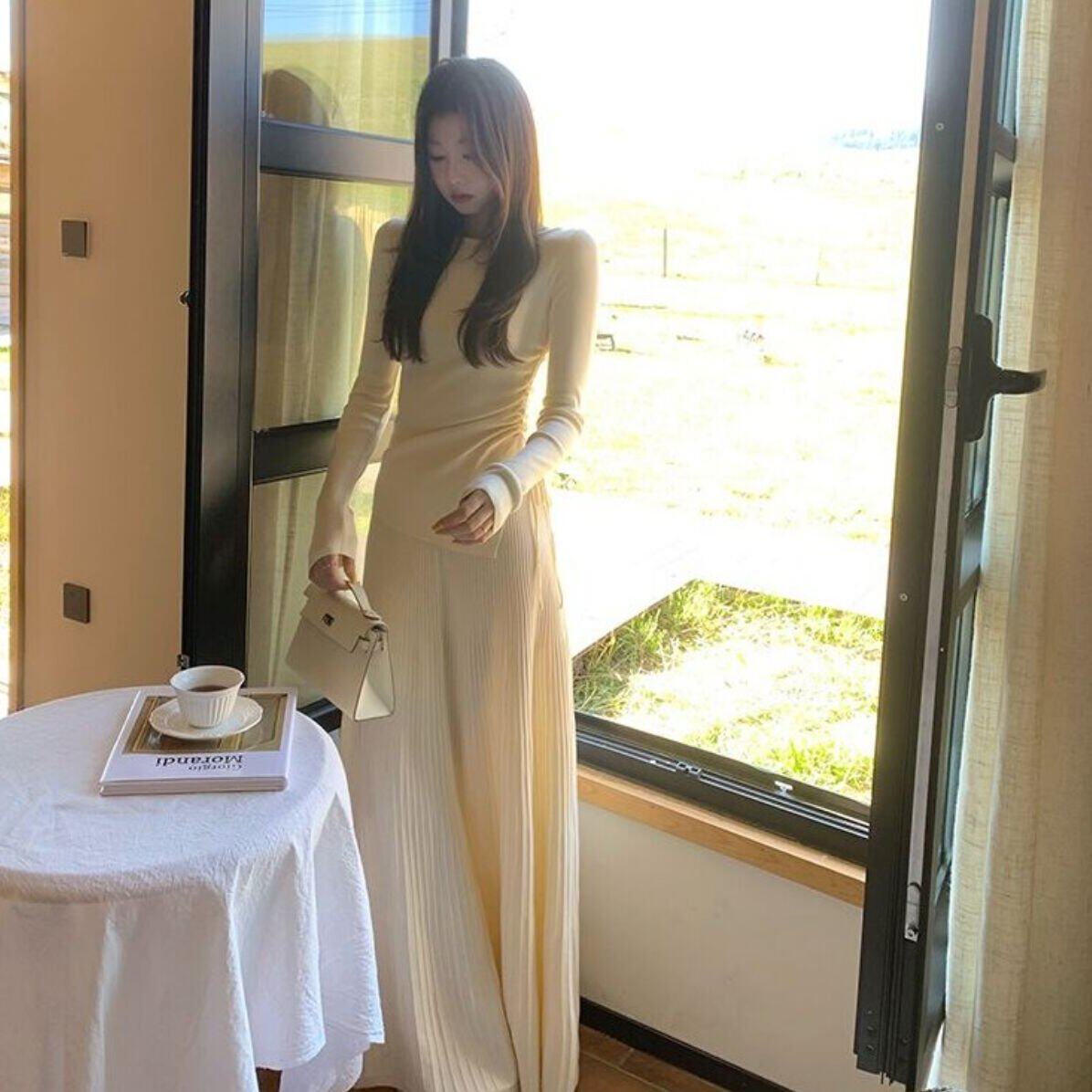 简约知性套装女秋气质上衣半身裙老钱两件套