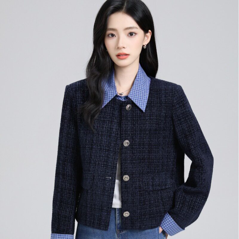 有货 假两件小香风外套女秋冬设计感单排扣气质短款开衫上衣