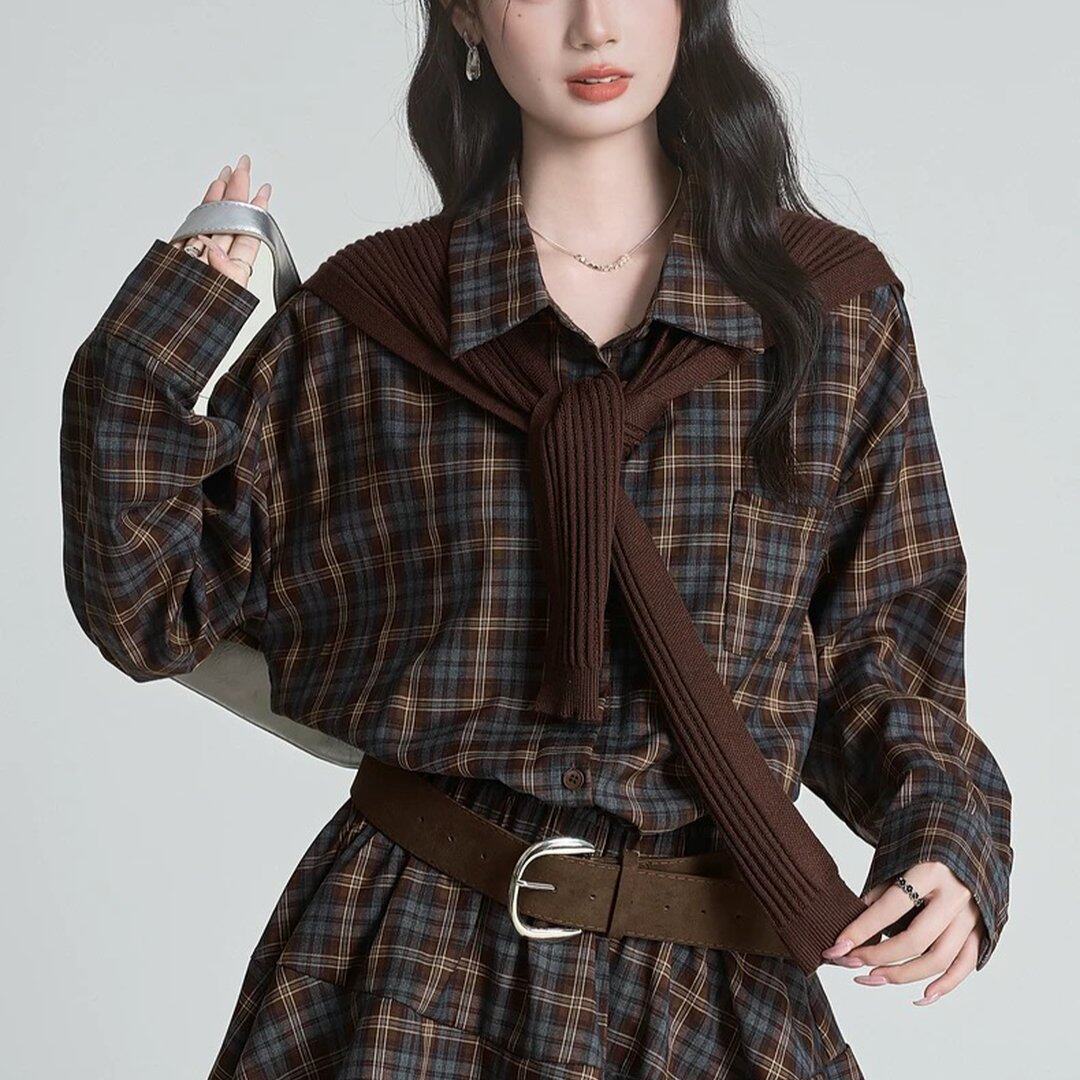 复古格子衬衫连衣裙针织披肩套装女气质收腰显瘦穿搭一整套衬衣裙