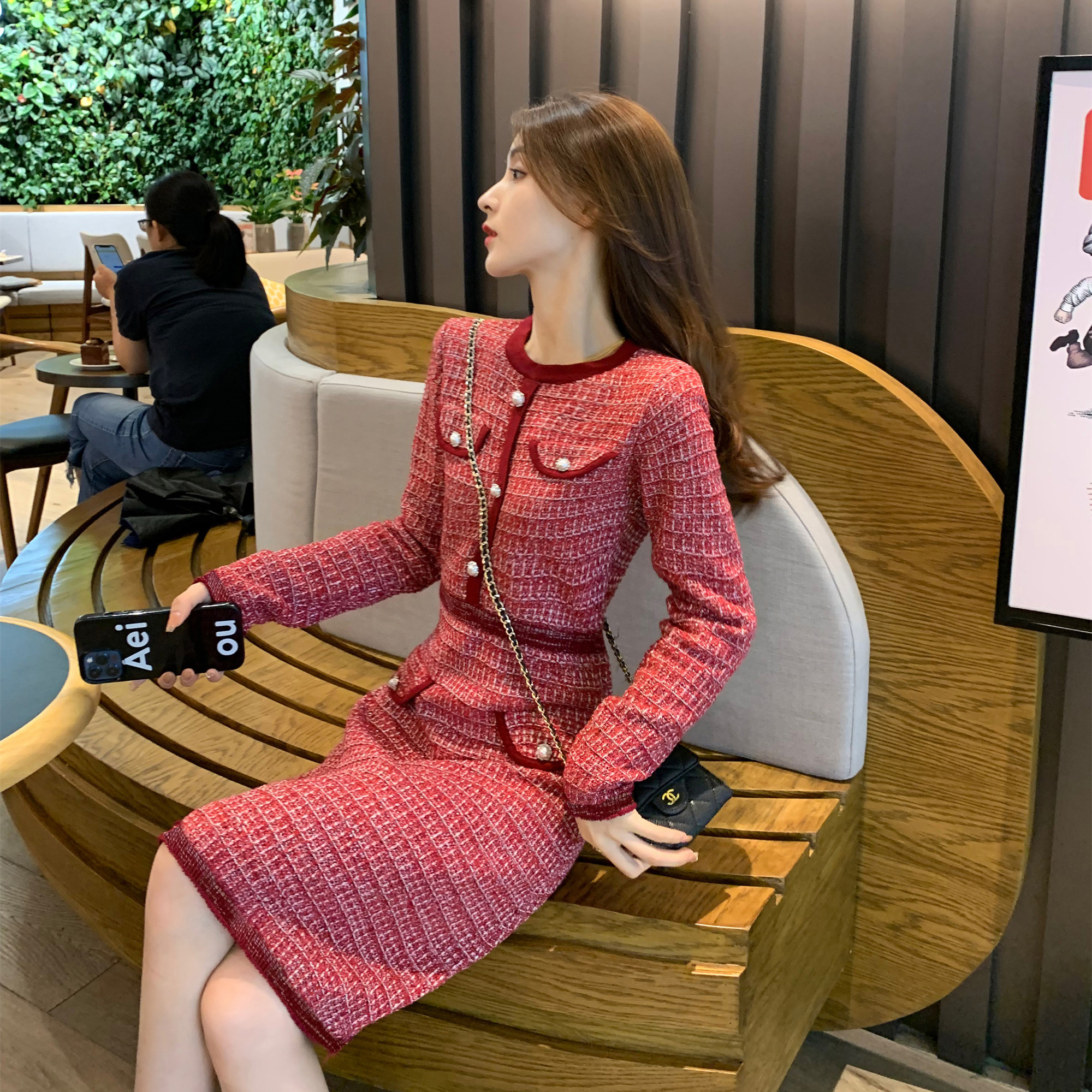 韩国小香风高级感名媛气质针织毛衣连衣裙女秋冬小个子收腰包臀裙