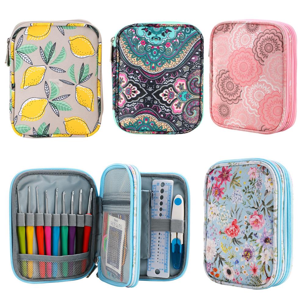 跨境钩针收纳袋手提包亚马逊双层拉链钩针手工编织收纳包钩针包