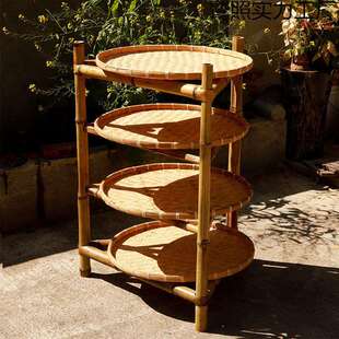 竹编架子置物架簸箕收纳家用竹制品多层楠竹三层晾晒三脚架落地架
