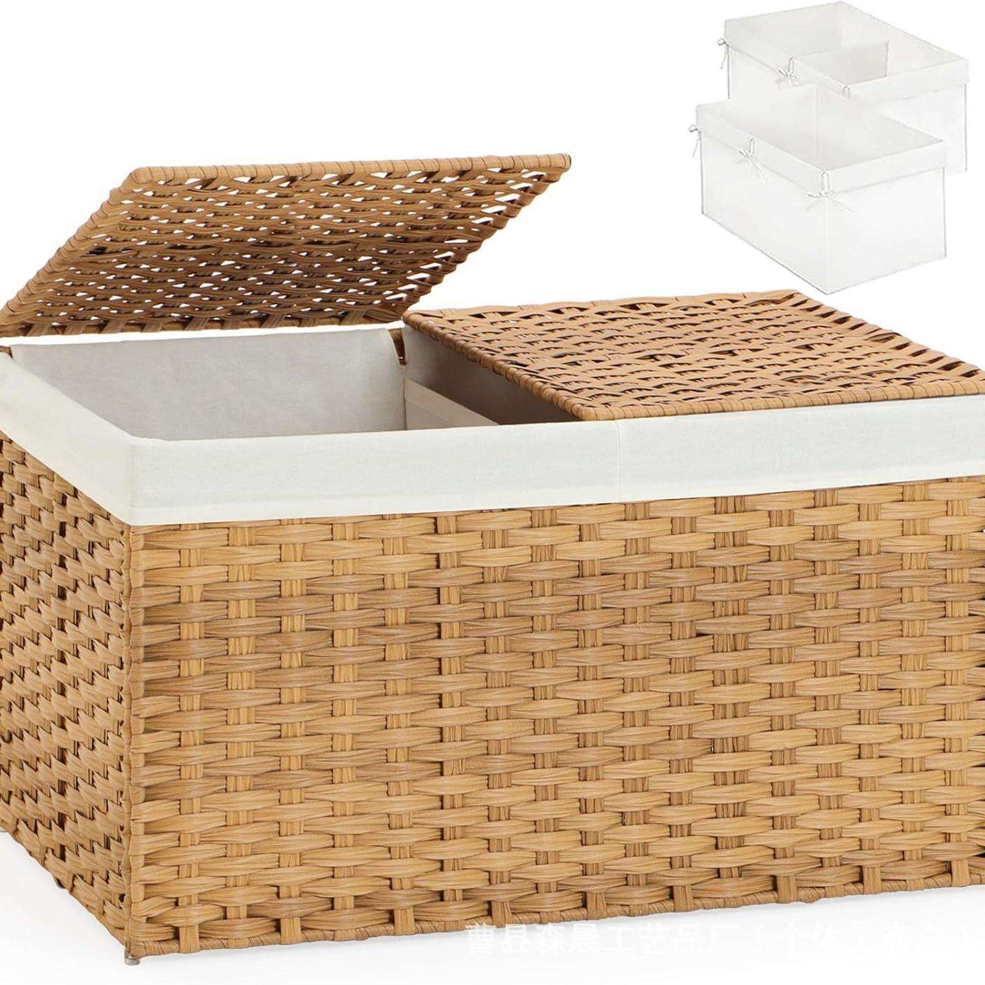 跨境藤制编织储物篮带盖脏衣篮带把手可折叠金属框架洗衣房亚马逊