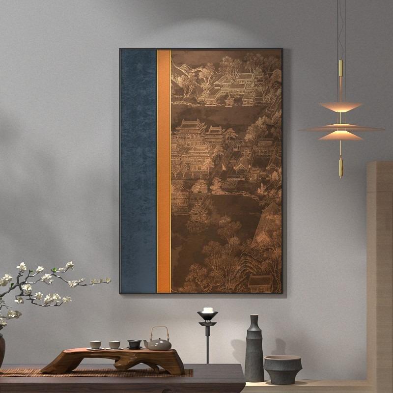 新中式客厅玄关装饰画中国风写意园林古建筑艺术样板房竖版挂画