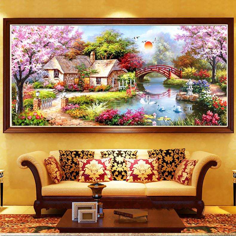 十字绣钻石画满钻客厅欧式花园小屋山水风景新款粘贴点贴钻石