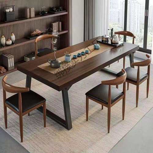 实木色茶桌椅组合一桌五椅喝茶桌新中式商谈办公大板泡茶桌茶几桌