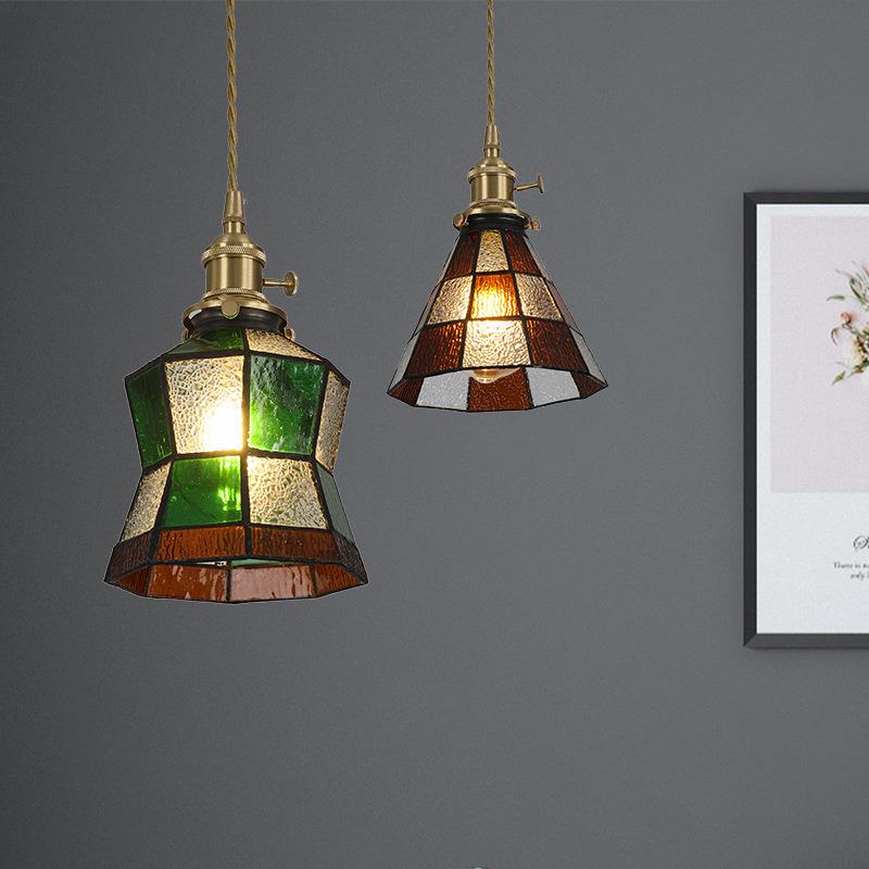 日式复古田园风手工做旧拼接小吊灯几何方格小蛮腰全铜玻璃灯