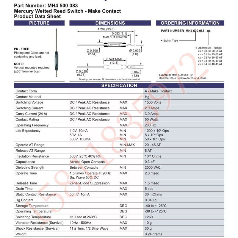 热销COMUS 水银湿簧管开关 MH4 10 30 35 高压湿簧管50W 500V 150
