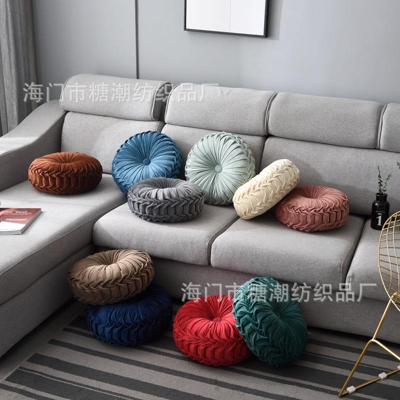 欧式车轮抱枕靠垫纯色圆形手工褶皱腰靠枕金丝绒抱枕蒲团垫飘窗垫