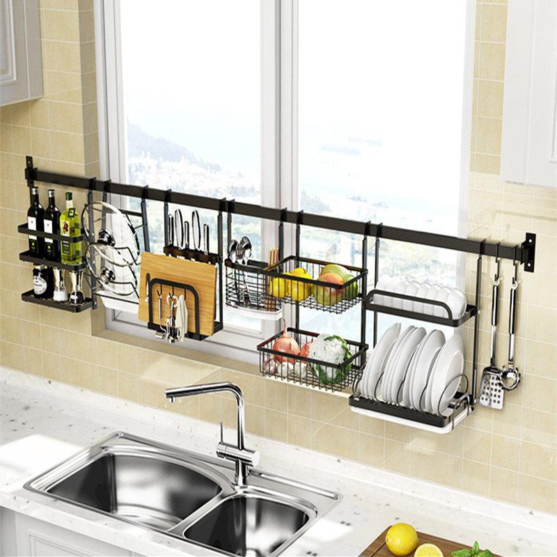 不锈钢碗架厨房窗台窗户黑色置物架壁挂免打孔碗碟收纳架挂架挂件