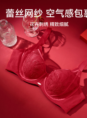 芬腾女士内衣大胸显小红色文胸蕾丝刺绣上托防下垂本命年结婚胸罩