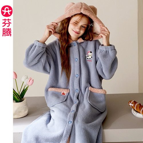 芬腾女士珊瑚绒保暖卡通连帽睡袍