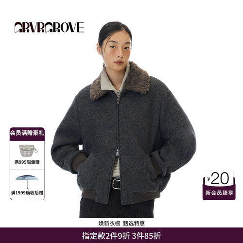 GRVR GROVE官方旗舰店 WT冬季款复古宽松翻毛领夹克外套GCW5JP02