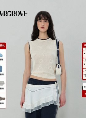 GROVE官方旗舰店2025SS春夏新款女士撞色圆领针织衫背心GS5KN16J