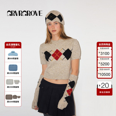 GROVE撞色短袖圣诞格纹慵懒毛衣